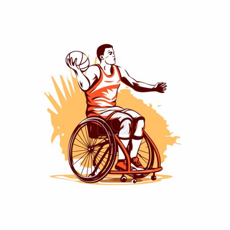 Téléchargez les illustrations : Homme handicapé en fauteuil roulant jouant au basket. Illustration vectorielle pour votre design - en licence libre de droit