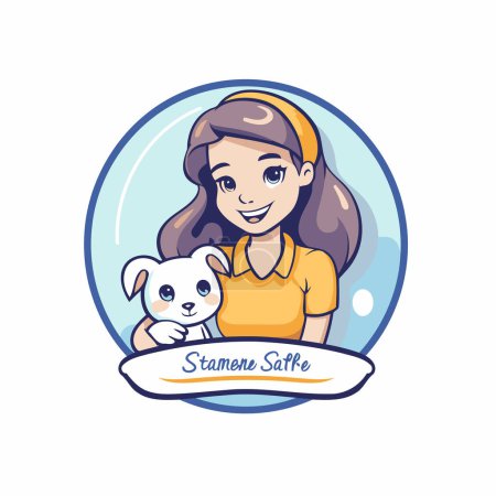 Illustration for Vector illustration of a girl in a yellow T-shirt with a dog in her arms. - Royalty Free Image