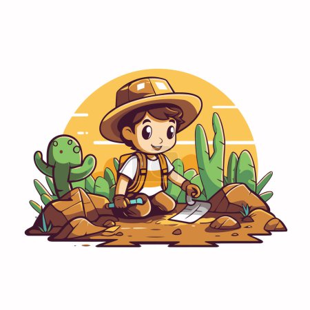 Téléchargez les illustrations : Joli garçon explorateur de dessin animé avec carte et cactus. Illustration vectorielle. - en licence libre de droit