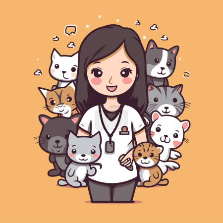 Ilustración de Mujer veterinaria con lindos gatos. Ilustración vectorial en estilo de dibujos animados. - Imagen libre de derechos
