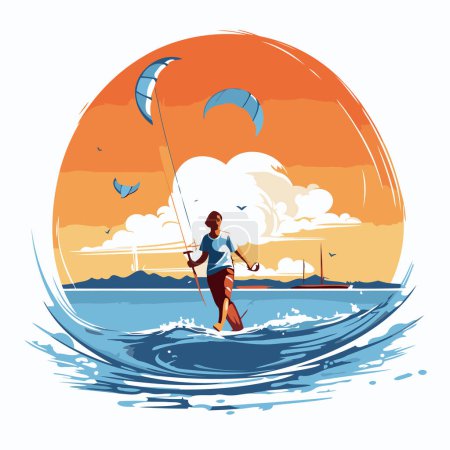 Illustration for Kitesurfer on the background of the sunset. Vector illustration - Royalty Free Image