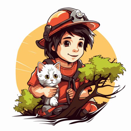 Téléchargez les illustrations : Joli petit garçon en costume de pompier avec chat. Illustration vectorielle. - en licence libre de droit