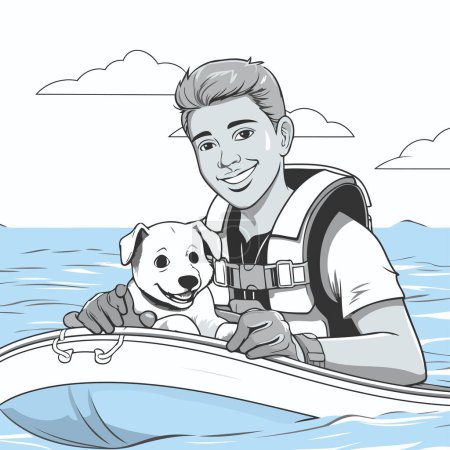 Téléchargez les illustrations : Illustration vectorielle d'un homme en gilet de sauvetage avec son chien sur le bateau - en licence libre de droit