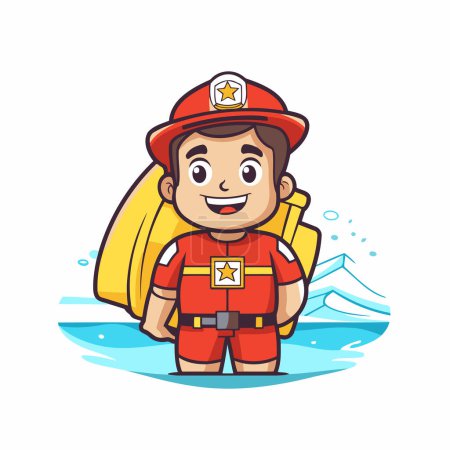 Illustration for Fireman cartoon character with yellow life jacket and rescue equipment. Vector illustration. - Royalty Free Image