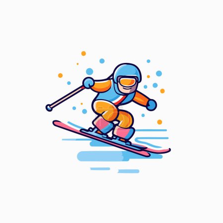Illustration for Skier in helmet and goggles skiing downhill. Winter sport vector icon. - Royalty Free Image