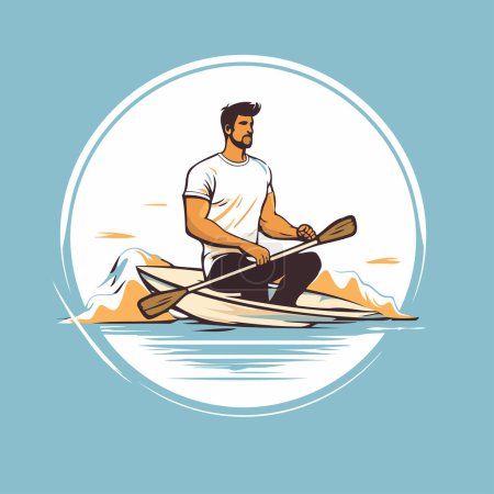Téléchargez les illustrations : Un homme ramant sur un kayak dans la mer. Illustration vectorielle. - en licence libre de droit