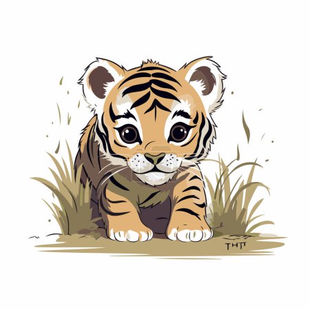 Illustration for Cute tiger sitting on the grass. Vector illustration isolated on white background. - Royalty Free Image