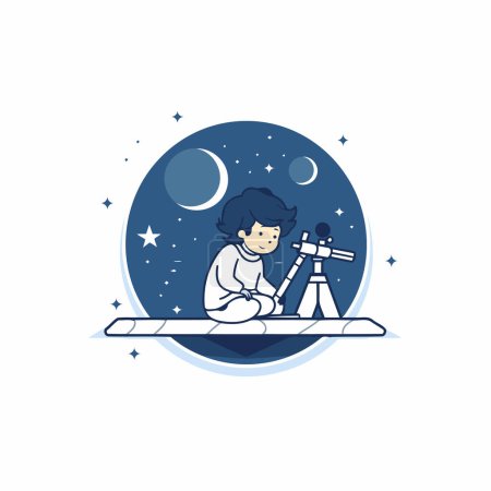 Illustration for Cute boy sitting on the moon and looking at the telescope. Vector illustration. - Royalty Free Image