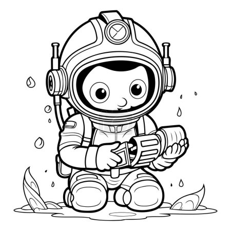 Ilustración de Ilustración de dibujos animados en blanco y negro de lindo personaje de astronauta bebé para colorear libro - Imagen libre de derechos