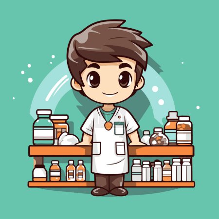 Téléchargez les illustrations : Pharmacien de dessin animé garçon debout dans la pharmacie. Illustration vectorielle. - en licence libre de droit