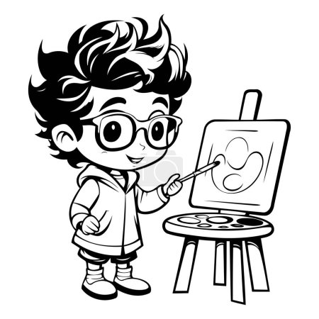 Téléchargez les illustrations : Boy Painting on Easel - Illustration de bande dessinée en noir et blanc. Vecteur - en licence libre de droit