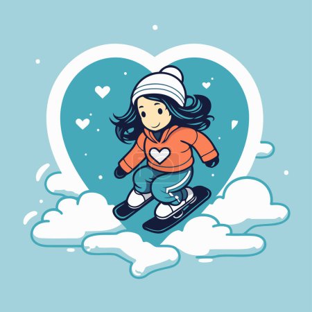 Téléchargez les illustrations : Illustration vectorielle d'une skieuse dans un nuage en forme de cœur. - en licence libre de droit