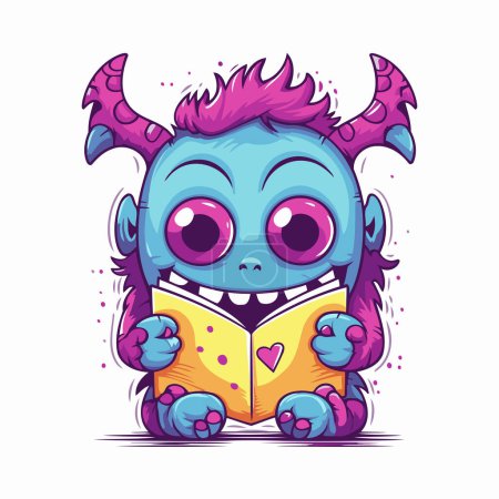 Illustration for Cute cartoon monster reading a book. Vector illustration isolated on white background. - Royalty Free Image