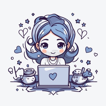 Illustration for Cute little girl using laptop. Vector illustration in cartoon style. - Royalty Free Image
