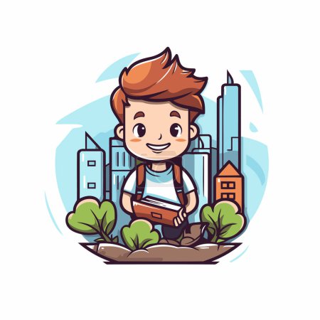 Illustration for Cute boy with books in the city. Vector illustration in cartoon style. - Royalty Free Image