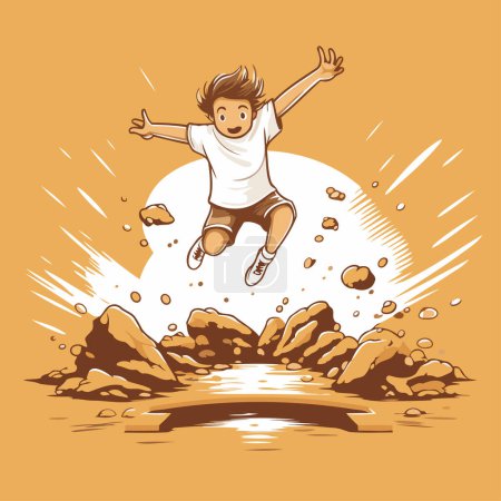 Téléchargez les illustrations : Illustration vectorielle d'un garçon sautant sur un rocher avec des éclaboussures. - en licence libre de droit