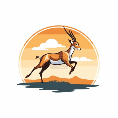Illustration for African antelope on sunset background. Vector illustration in flat style. - Royalty Free Image