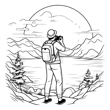 Illustration for Tourist man with camera taking picture on lake landscape. Vector illustration. - Royalty Free Image