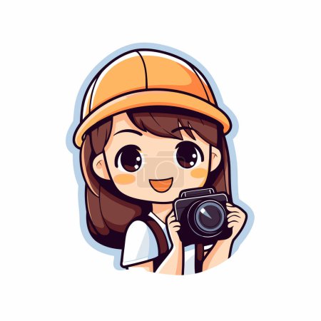 Téléchargez les illustrations : Illustration d'une jolie fille tenant un appareil photo sur fond blanc - en licence libre de droit