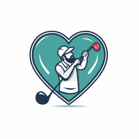 Illustration for Golf player in heart shape vector logo. emblem. badge. - Royalty Free Image