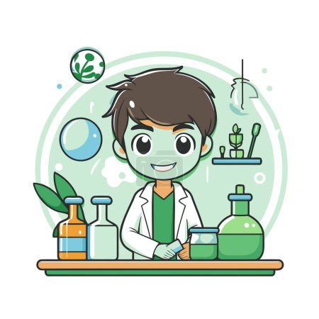 Téléchargez les illustrations : Scientifique garçon personnage de dessin animé dans le laboratoire de science. Illustration vectorielle plate. - en licence libre de droit