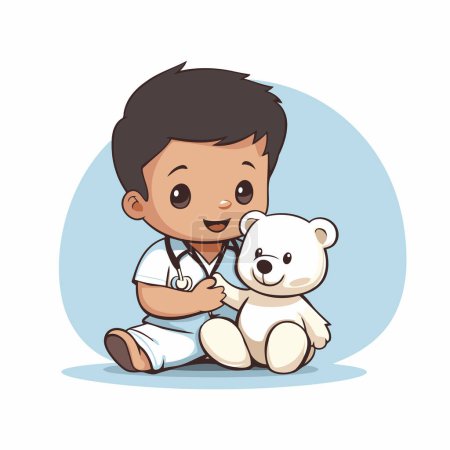 Téléchargez les illustrations : Illustration vectorielle d'un petit garçon jouant au docteur avec un ours en peluche. - en licence libre de droit