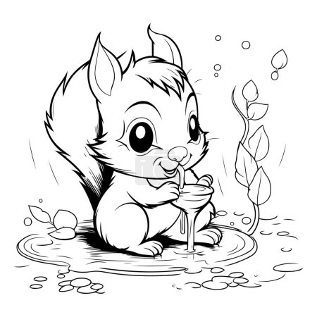 Téléchargez les illustrations : L'écureuil boit de l'eau dans un bol. Illustration vectorielle noir et blanc. - en licence libre de droit