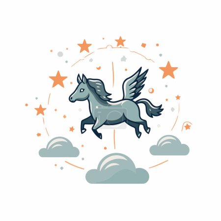 Ilustración de Unicornio volando en el cielo. Ilustración vectorial en estilo plano. - Imagen libre de derechos