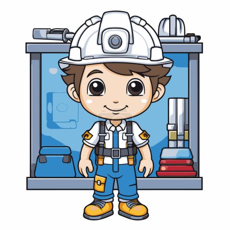 Téléchargez les illustrations : Illustration d'un petit garçon mignon portant un uniforme de pompier et un casque de sécurité - en licence libre de droit