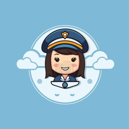Téléchargez les illustrations : Jolie fille pilote avec chapeau de pilote sur fond bleu. illustration vectorielle - en licence libre de droit