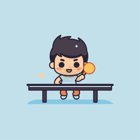 Téléchargez les illustrations : Un garçon de dessin animé jouant au tennis de table. Design plat. Illustration vectorielle. - en licence libre de droit