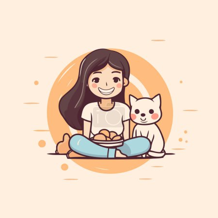 Illustration for Cute little girl with cat. Vector illustration in cartoon style. - Royalty Free Image