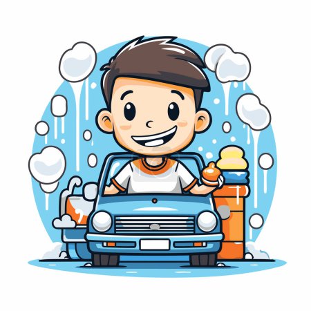 Illustration for Cute boy washing his car in the rain cartoon vector illustration. - Royalty Free Image