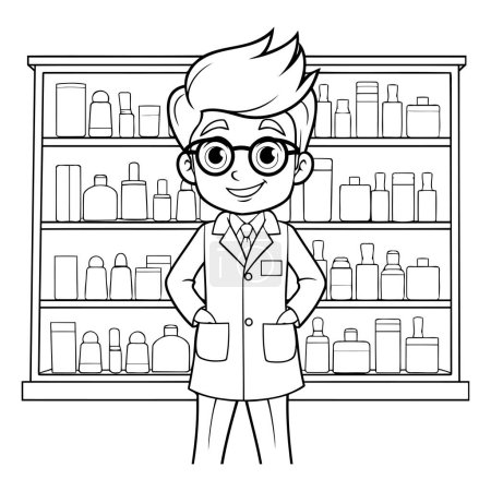 Illustration for Pharmacist cartoon in the drugstore. Black and white vector illustration graphic design. - Royalty Free Image