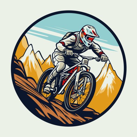 Illustration for Mountain biker riding on the road in the mountains. vector illustration - Royalty Free Image