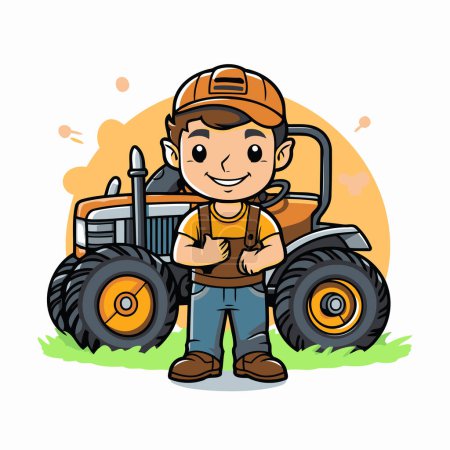 Ilustración de Ilustración de un agricultor con un tractor en una granja. Ilustración vectorial. - Imagen libre de derechos