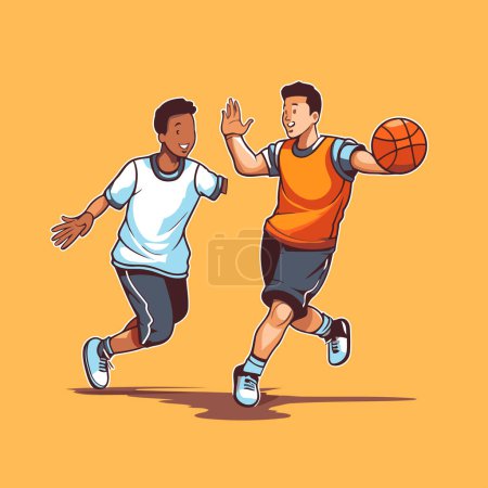 Illustration for Two men playing basketball. Vector illustration in cartoon style isolated on yellow background. - Royalty Free Image