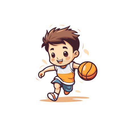 Téléchargez les illustrations : Mignon petit garçon jouer basket dessin animé vecteur illustration sur un fond blanc - en licence libre de droit