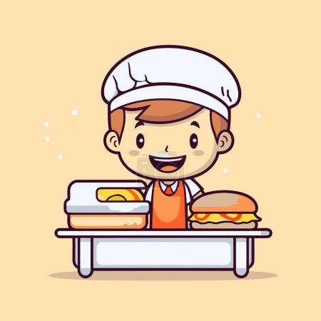 Téléchargez les illustrations : Chef de bande dessinée garçon avec hamburger et sandwich. Illustration vectorielle. - en licence libre de droit