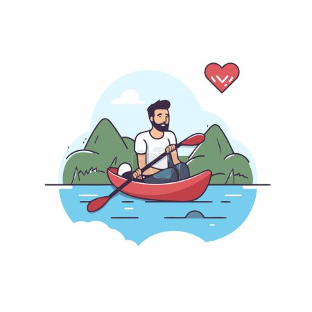 Téléchargez les illustrations : Un homme en canot sur la rivière. Illustration vectorielle de style plat. - en licence libre de droit