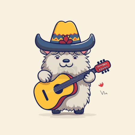 Téléchargez les illustrations : Mignon chien en sombrero jouant de la guitare. Illustration vectorielle. - en licence libre de droit