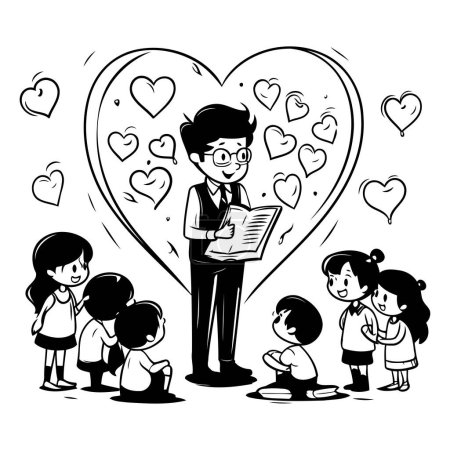 Illustration for Teacher and children on white background. Black and white vector illustration. - Royalty Free Image