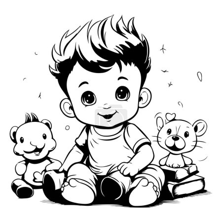Illustration for Cute boy playing with toys. black and white vector illustration. - Royalty Free Image