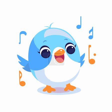 Cute Cartoon Blue Bird Character With Music Notes Vector Illustration.