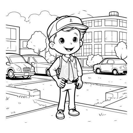 Téléchargez les illustrations : Dessin animé noir et blanc illustrant un enfant portant une voiture dans la ville - en licence libre de droit
