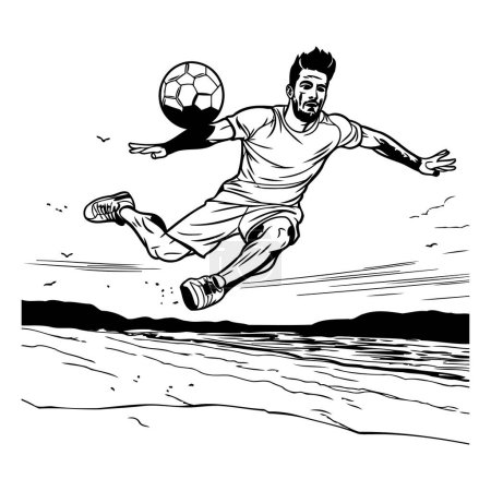 Ilustración de Jugador de fútbol saltando en la playa. Ilustración vectorial en blanco y negro. - Imagen libre de derechos
