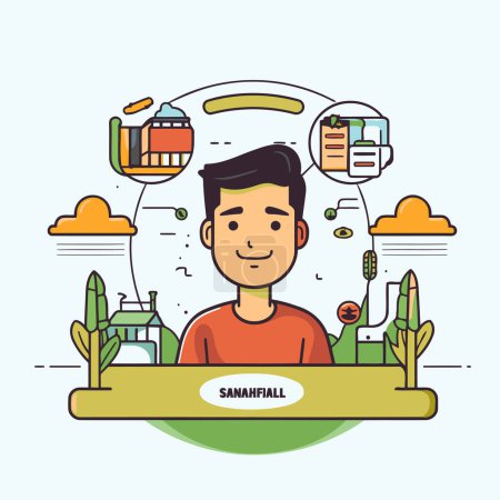 Illustration for Vector illustration in flat linear style - a man with a smile sits at the table in front of a laptop and looks at the camera. - Royalty Free Image