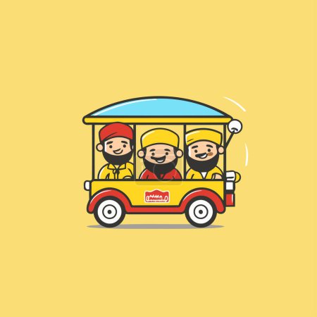 Illustration for Vector illustration of two boys in the bus on a yellow background. - Royalty Free Image