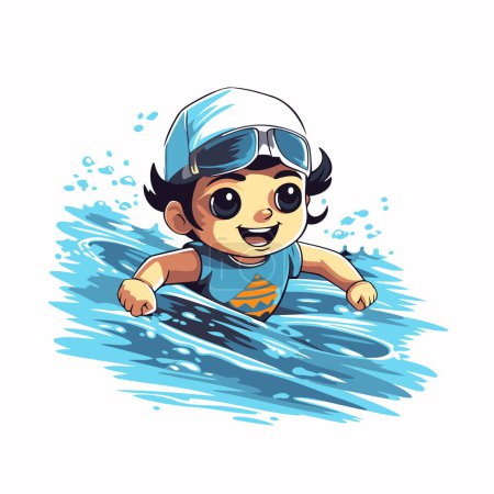 Ilustración de Lindo chico de dibujos animados nadando en una piscina. Ilustración vectorial aislada sobre fondo blanco. - Imagen libre de derechos