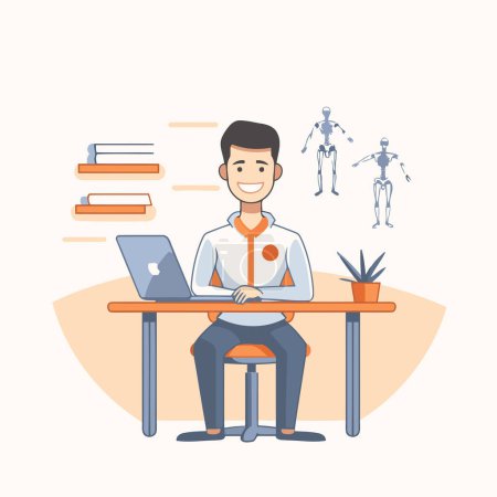 Téléchargez les illustrations : Illustration vectorielle d'un homme assis au bureau avec ordinateur portable et intelligence artificielle - en licence libre de droit